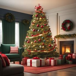 christmas tree clipart in a festively decorated living room - adorned for celebration. 