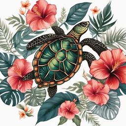 Hibiscus and Turtle Tattoo - Showcase the harmony of nature with a hibiscus and turtle tattoo, combining floral beauty with the symbolism of the sea turtle.  simple color tattoo, minimal, white background