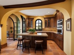 spanish-inspired kitchen with hand-painted tiles and arched doorways. 