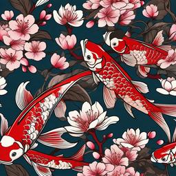Cherry Blossom with Koi Fish Tattoo-Bold and vibrant tattoo featuring cherry blossoms and Koi fish, capturing themes of beauty and nature.  simple color vector tattoo