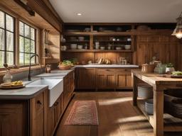 Rustic kitchen highlights wooden cabinetry, a farmhouse sink, and vintage decor, evoking a cozy and charming atmosphere for family meals.  