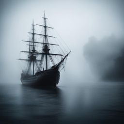 mysterious ghost ship sailing through a fog-shrouded, haunted sea. 