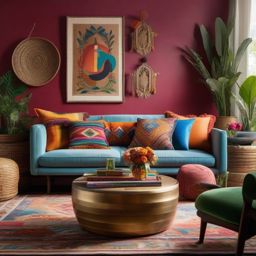 Eclectic Boho Fusion - Blend different cultures and styles into an eclectic boho living room. , living room decor ideas, multicoloured, photo realistic, hyper detail, high resolution,