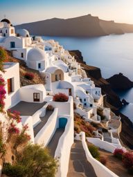 greek cycladic houses, with whitewashed walls, cling to the cliffs of santorini, greece. 