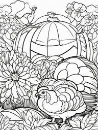 Turkey and Friends Coloring Pages - Playful Scene of Turkey and Animal Friends  minimal black outline printable sheet, coloring page