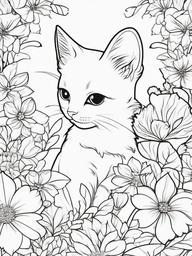 Kitty with Flowers and Bow Coloring Pages - Adorable Kitten in a Floral Scene  minimal black outline printable sheet, coloring page