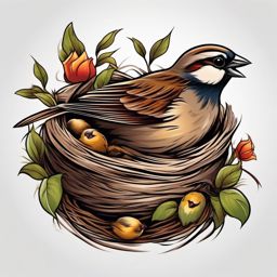 Sparrow Tattoo - Sparrow feeding its chicks in a cozy nest  color tattoo design, clean white background