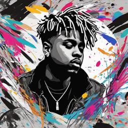 drawing of Juice Wrld in a colorful abstract background  minimal rough sketch scribbles,doodles,black and white