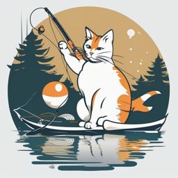 Cat trying to catch a fish with a fishing rod  minimalist color design, white background, t shirt vector art