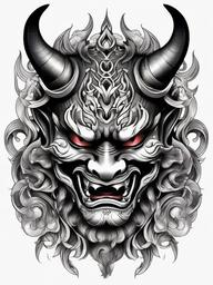 Hannya Oni Mask Tattoo Design-Intricate and artistic tattoo design featuring a Hannya combined with an Oni mask, showcasing detailed and supernatural aesthetics.  simple color tattoo,white background