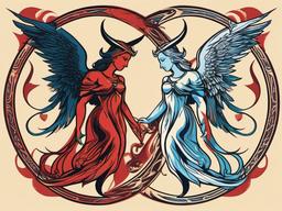 Angel and Devil Tattoo-Celebrating the duality of celestial beings with an angel and devil tattoo, symbolizing the eternal struggle between right and wrong.  simple vector color tattoo
