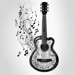 drawing of a guitar with musical notes  minimal rough sketch scribbles,doodles,black and white