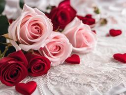 Valentine's Day background - Pink and red roses scattered across a white lace tablecloth  aesthetic background wallpaper