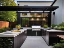 Bauhaus outdoor kitchen features clean-lined counters, functional metal finishes, and geometric seating, providing a modern, efficient space for outdoor cooking and dining.  