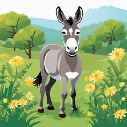 Donkey clipart - Friendly donkey in a meadow, ,vector color clipart,minimal