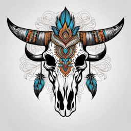 Tribal bull skull adorned with feathers ink. Cultural symbols in art.  color tattoo design, white background