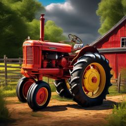 Classic Tractor - A classic tractor with large rear wheels and a farm setting hyperrealistic, intricately detailed, color depth,splash art, concept art, mid shot, sharp focus, dramatic, 2/3 face angle, side light, colorful background