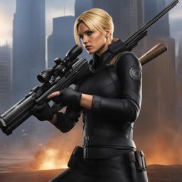 riza hawkeye aims her sniper rifle with precision in the midst of a covert operation. 