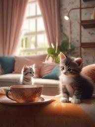 Cute Wallpaper PC - Playful Kittens in a Cozy Living Room  wallpaper style, intricate details, patterns, splash art, light colors