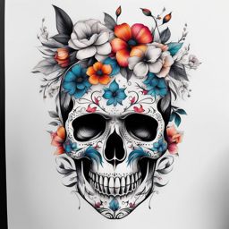 Floral skull tattoo, Creative tattoos that combine floral motifs with skull imagery.  vivid colors, white background, tattoo design