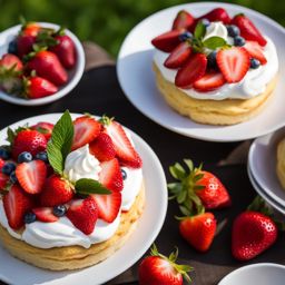 strawberry shortcake topped with fresh whipped cream, enjoyed at a sunny garden party. 