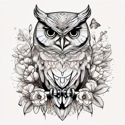 Owl with flowers   ,tattoo design, white background