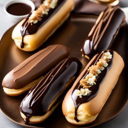 an elegant éclair filled with silky pastry cream and finished with glossy chocolate glaze. 