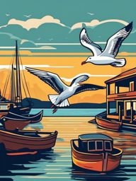 Seagull Harbor Sticker - Seagulls soaring over a peaceful harbor, ,vector color sticker art,minimal