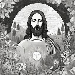 drawing of Jesus surrounded by nature  minimal rough sketch scribbles,doodles,black and white