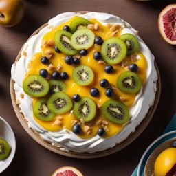 passion fruit and kiwi pavlova, a fruity meringue dessert, indulged at a beachfront picnic. 