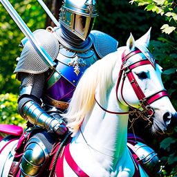 noble knight clad in gleaming armor, riding into jousting tournaments with lance ready. 