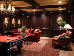 The basement highlights Italian Renaissance interior design with ornate furnishings, rich colors, and classical details that create a stylish space for entertainment and relaxation.  