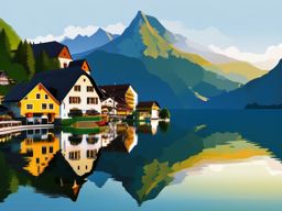 Hallstatt sticker- Charming Austrian village by a pristine lake, , sticker vector art, minimalist design