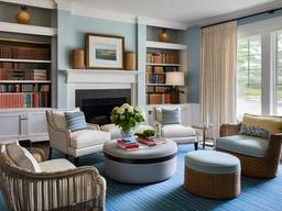 In the library room, Hampton interior design incorporates comfortable seating, bright colors, and coastal accents that create a welcoming atmosphere for reading and relaxation.  