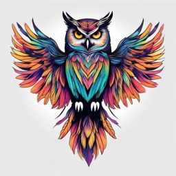 Owl tattoo with vibrant, aurora-colored feathers in flight.  color tattoo style, minimalist design, white background