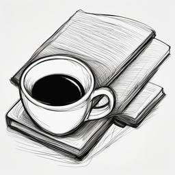 drawing of a book with a coffee cup  minimal rough sketch scribbles,doodles,black and white