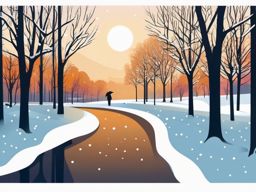 Winter Morning Walk clipart - Morning walk in a snowy park, ,vector color clipart,minimal