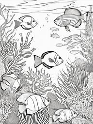 Fish Coloring Pages - Colorful tropical fish swimming in a coral reef  simple coloring pages