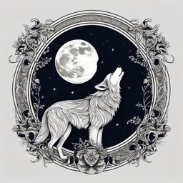 Wolf in the Moon Tattoo,moon, a realm for the wolf, depicted in an intricate tattoo. , tattoo design, white clean background