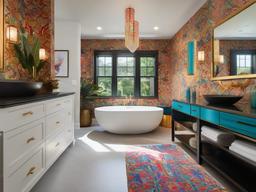 A master bathroom with maximalist interior design incorporates vibrant tiles, bold fixtures, and an array of decorative accents that transform the space into a lavish retreat for relaxation.  