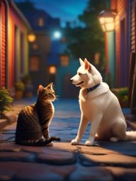 Talking cat and dog team up to solve mysteries in their neighborhood. hyperrealistic, intricately detailed, color depth,splash art, concept art, mid shot, sharp focus, dramatic, 2/3 face angle, side light, colorful background