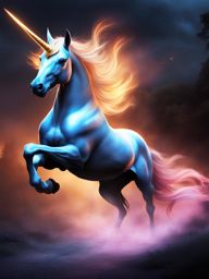 fierce unicorn charging into battle, its horn glowing with mystical energy as it defends a magical realm. 