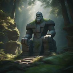 ancient stone golem guarding a hidden treasure deep within a mystical forest 8k, hyper realistic, cinematic 
