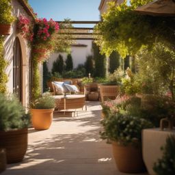 Sunny Mediterranean Terrace - Capture the sunny vibe of the Mediterranean with a terrace garden. realistic, professional photography, bokeh, natural lighting, canon lens, shot on dslr 64 megapixels sharp focus