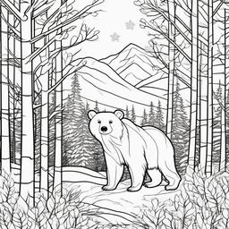 Winter Woodland Animals Coloring Pages - small bear the background of a forest Landscape  minimal black outline printable sheet, coloring page 