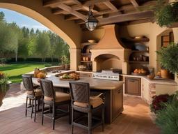 Tuscan outdoor kitchen showcases warm earth tones, terracotta tiles, and rustic accents, evoking the charm of an Italian villa for outdoor gatherings.  