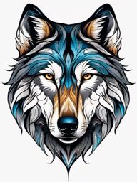 Wolf Face Tattoo,striking tattoo focused on the enigmatic face of a wolf, gaze that pierces the soul. , color tattoo design, white clean background