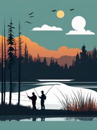 Fishing on a Lakeshore Clipart - Anglers fishing by the lakeshore.  color vector clipart, minimal style