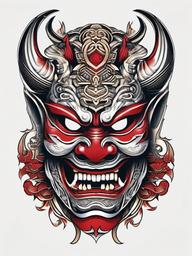 Tattoo Oni Mask-Tattoo inspired by the traditional Japanese Oni mask, showcasing intricate details and symbolism.  simple color tattoo,white background