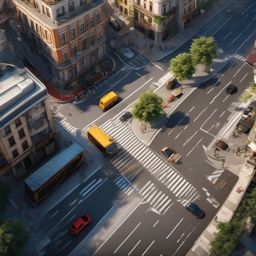 Dynamic urban street scene top view, photo realistic background, hyper detail, high resolution